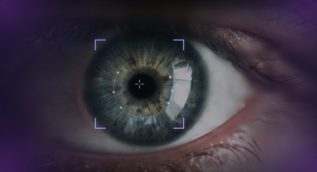 Close-up of an eye with a focus frame on the iris