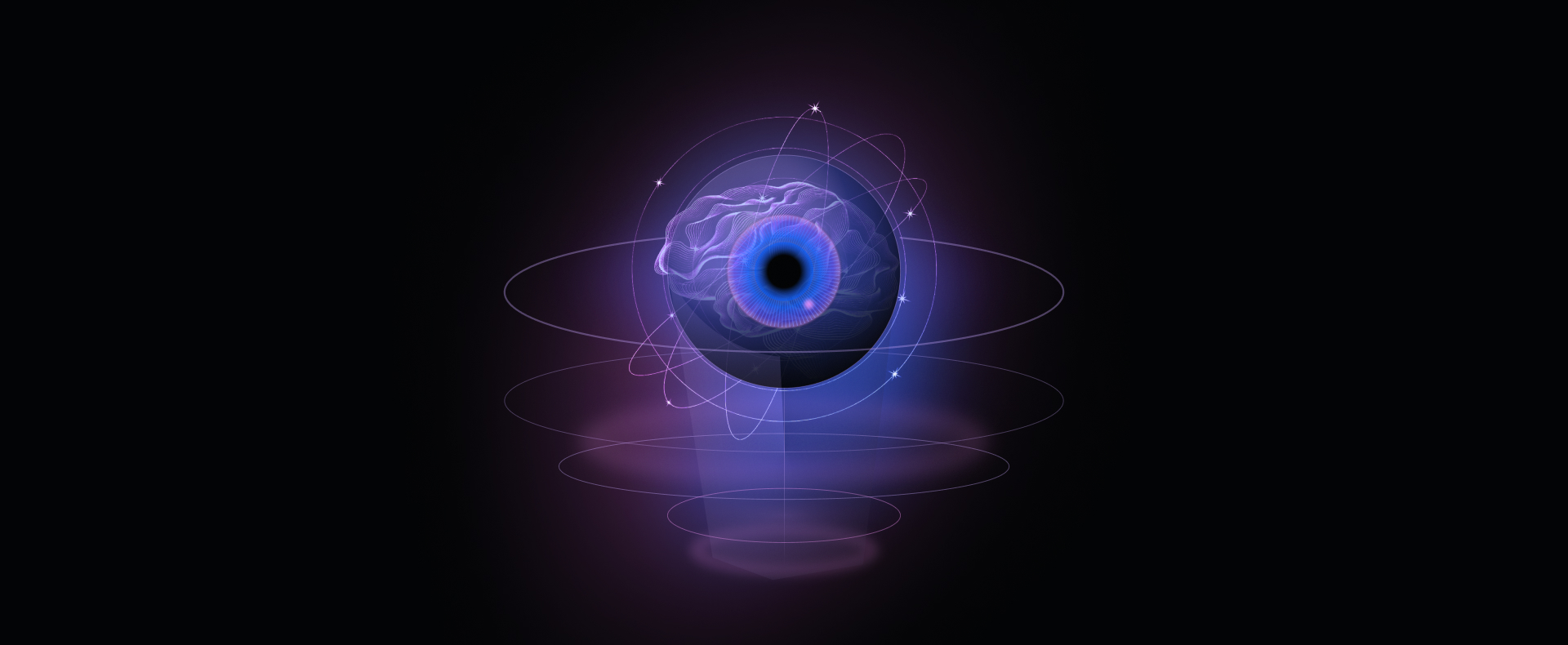 Glowing eye with brain contours inside, ringed by orbiting lines
