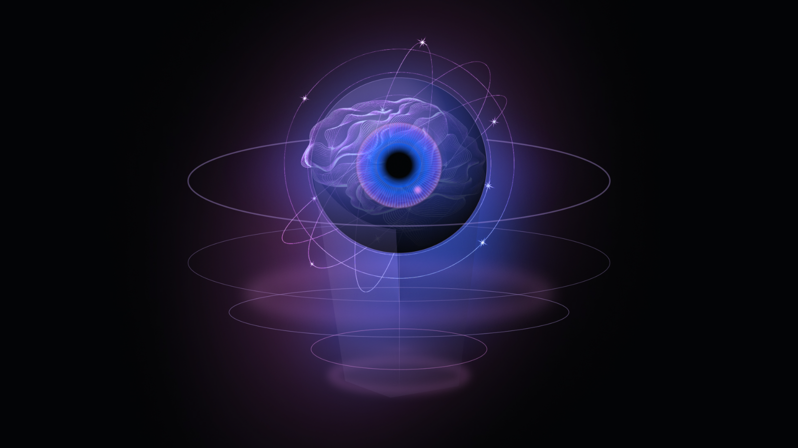 Glowing eye with brain contours inside, ringed by orbiting lines