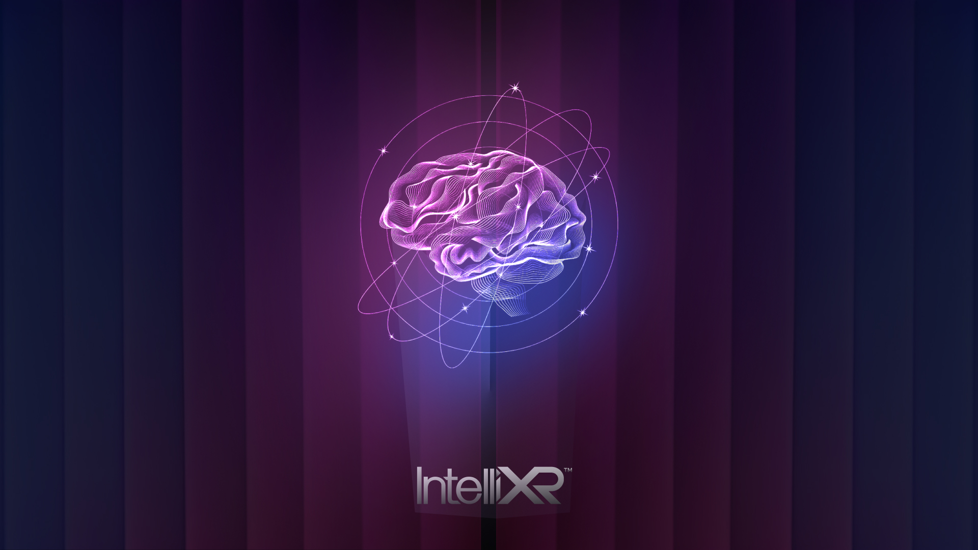 A glowing brain traced in fine lines, ringed by orbiting lines above the IntelliXR wordmark